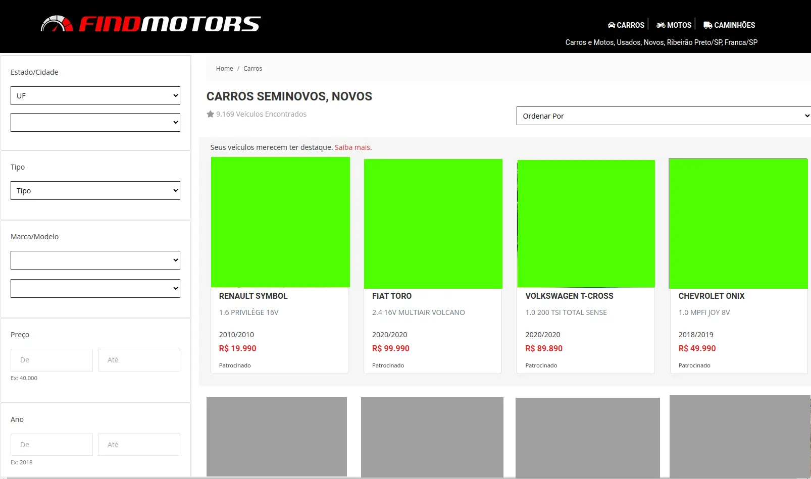 Prévia de veículos em destaque na listagem da FindMotors